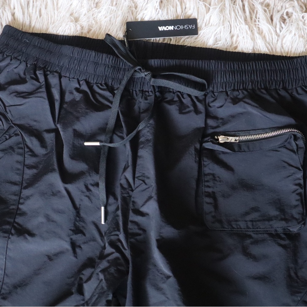 Black Satin Joggers with Zipper Pocket